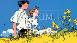 菜の花畑でデートをしている若いカップル｜7640676-924