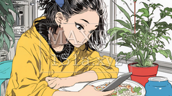 食事の最中もスマホを手放せない若い女性 | 7643419-12538