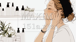 スキンケアを念入りに行う若い女性（シンプルな色使い） | 764799-15924