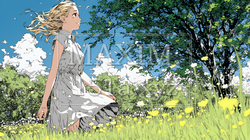 スカートを揺らしながら春風と戯れている若い女性 | 7649638-15113