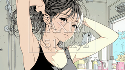 朝支度：洗面所で髪をまとめている若い女性 | 7659369-15525