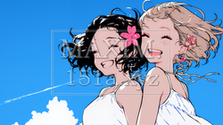 夏休みの思い出：女友達同士で旅行に行く（シンプルな色使い）