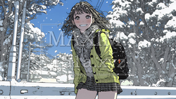 雪の積もる田舎道を歩いている若い女性 | 766072-13091