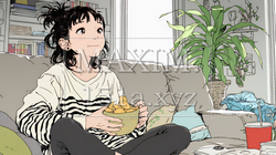 ポテトチップスをつまみながら、ひとりでビデオを観る若い女性 | 7664385-15891