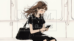 嬉しそうな表情でスマホを使っている女性（シンプルな色使い） | 7665124-11464