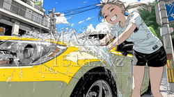 晴れた日に洗車をする若い女性｜青空と水しぶきの爽やかなライフスタイルシーン | 7671116-17732