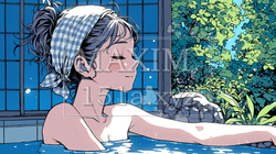 温泉に浸かっている若い女性