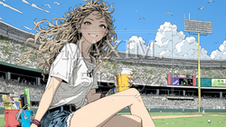 野球などの屋外スポーツを観戦しながら、ビールを楽しむ若い女性。 | 767386-9556