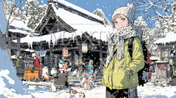 雪の積もる田舎道を歩いている若い女性