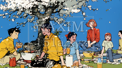 満開の桜の下で仲間たちと花見宴会｜7678446-12476