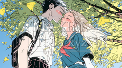 秋の紅葉の下でキスをしている若い恋人たち｜7682365-11103