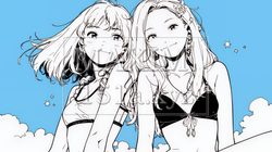 ビーチリゾートを満喫する若い女友達たち（シンプルな色使い）