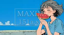 スイカを海辺て食べている若い女性 | 7693780-9888