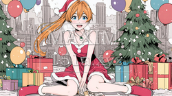 クリスマスプレゼントをたくさんもらって大喜びの若い女性