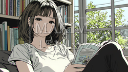 のんびり・ゆったり：窓辺でリラックスして本を読んでいる若い女性
