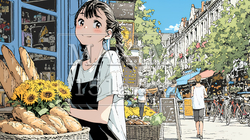 近所のパン屋で焼きたてパンを買う若い女性 | 7718964-16206