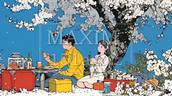 満開の桜の下で仲間たちと花見宴会