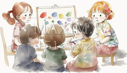 仲良くお絵描きをしている子供達