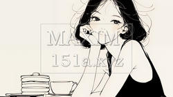 早朝のダイナー（喫茶店）でパンケーキ（モーニングセット）を食べる若い女性（シンプルな色使い）｜7554129-15614