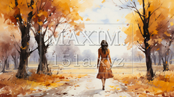 若い女性がいる秋の公園：木々が色づいている水彩画 | 7732791-18668