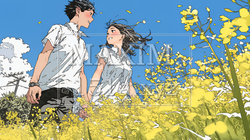 菜の花畑でデートをしている若いカップル｜780657-16919