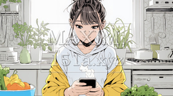 食事の最中もスマホを手放せない若い女性 | 7744338-12555