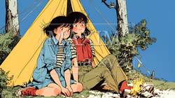 女友達と一緒にテントキャンプを楽しむ若い女性 | 7745444-9707
