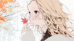落ち葉をつまんで眺める若い女性｜秋を感じる女性のイラスト（パステル調）｜7390725-20503