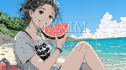 スイカを海辺て食べている若い女性 | 7757944-9882