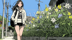 ユリの花の小径を歩く若い女性