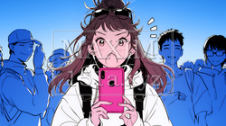 スマホの画面を見て驚いている若い女性（シンプルな色使い） | 777732-11276