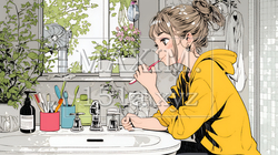 洗面所で朝の歯磨きをする若い女性 | 7786074-16907