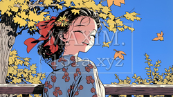 紅葉に包まれた中、着物を纏った若い女性が佇んでいる | 7792797-6167