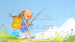 小学生の夏の思い出：釣りに行く（クレヨン＋水彩画風）