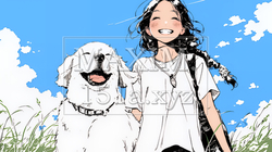 愛犬と散歩している若い女性（シンプルな色使い）｜7520930-12860
