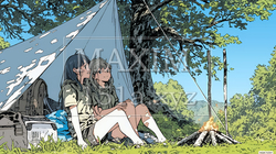 女友達と一緒にテントキャンプを楽しむ若い女性 | 7829516-9689