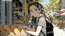 近所のパン屋で焼きたてパンを買う若い女性 | 7836391-16202