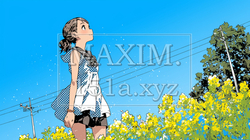 黄色い花畑から空を見上げている少女