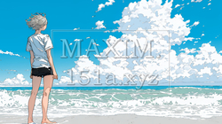 夏の海と入道雲と若い女性 | 7841395-10832
