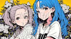 夏休み、女友達同士で花壇の前でおしゃべりしている女学生