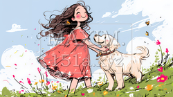 愛犬と散歩をしている女の子（クレヨン＋水彩画風）｜7813091-10863