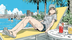 プールサイドのデッキチェアでくつろぐ若い女性｜夏のリゾートとリラックスライフスタイルイメージ | 7852122-17597