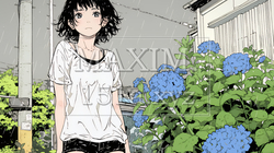 アジサイと梅雨の長雨と若い女性｜829354-16233