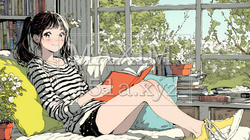 読書の秋：リビングルームで本を読んでいる若い女性 | 7872028-12008
