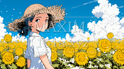 真夏の青空のもと、ヒマワリ畑を散策している若い女性｜7965275-9052