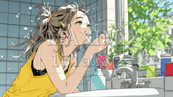 洗面所で朝の歯磨きをする若い女性 | 7886810-16903