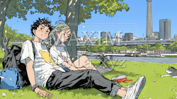 新緑の芝生が広がる都会の公園でくつろぐ若い男女 | 7887785-16932