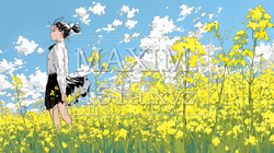 菜の花畑にいる若い女性