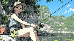 岸から魚釣りを楽しむ若い女性｜渓流・自然・アウトドア・ライフスタイル | 7901288-17550
