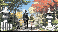紅葉の小径を歩く若いカップル